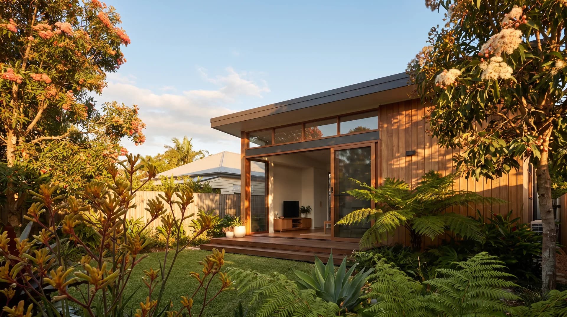 A modern self-contained granny flat in a Brisbane backyard in warm afternoon light