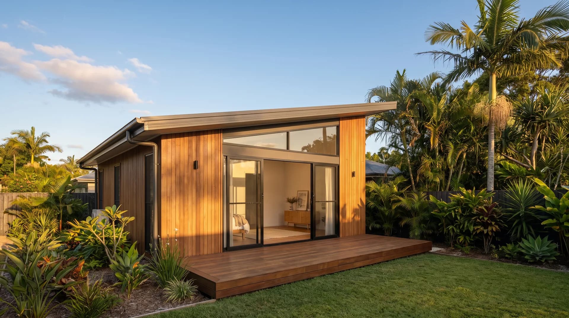 A modern detached granny flat with a single-pitch roof in a Queensland backyard in warm afternoon light