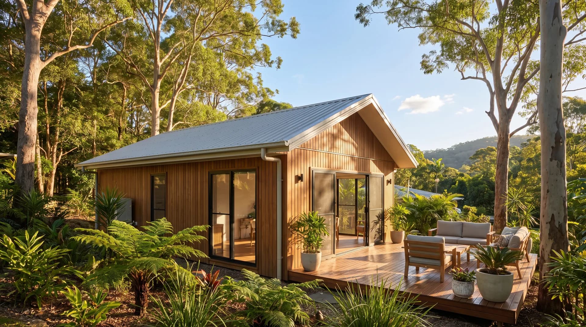 A modern granny flat in a Sunshine Coast hinterland backyard in warm afternoon light
