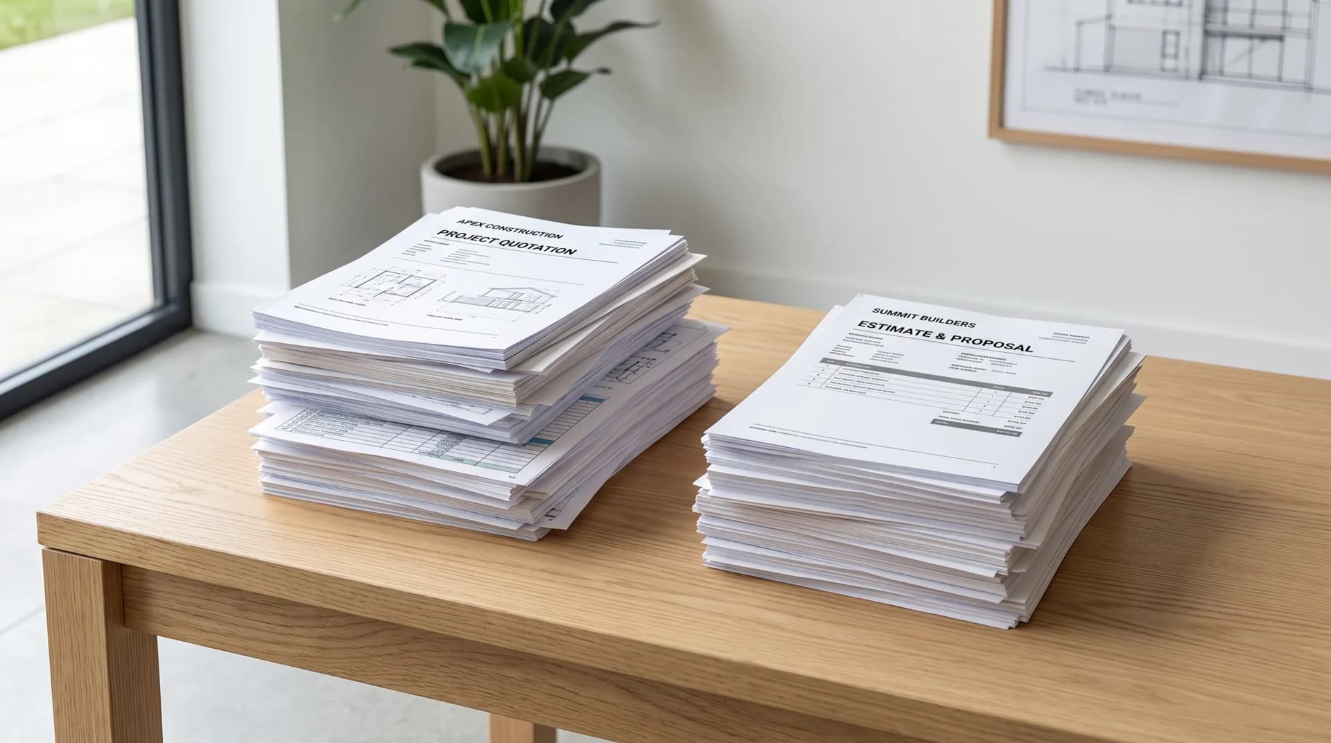 Two builder quote document piles side by side on a desk in warm afternoon light