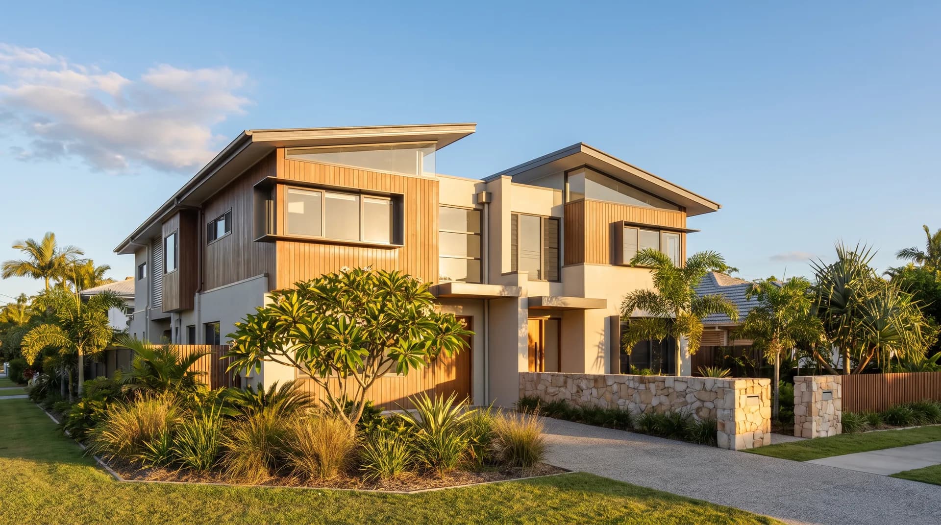 A contemporary dual occupancy duplex on a North Brisbane corner block in warm afternoon light