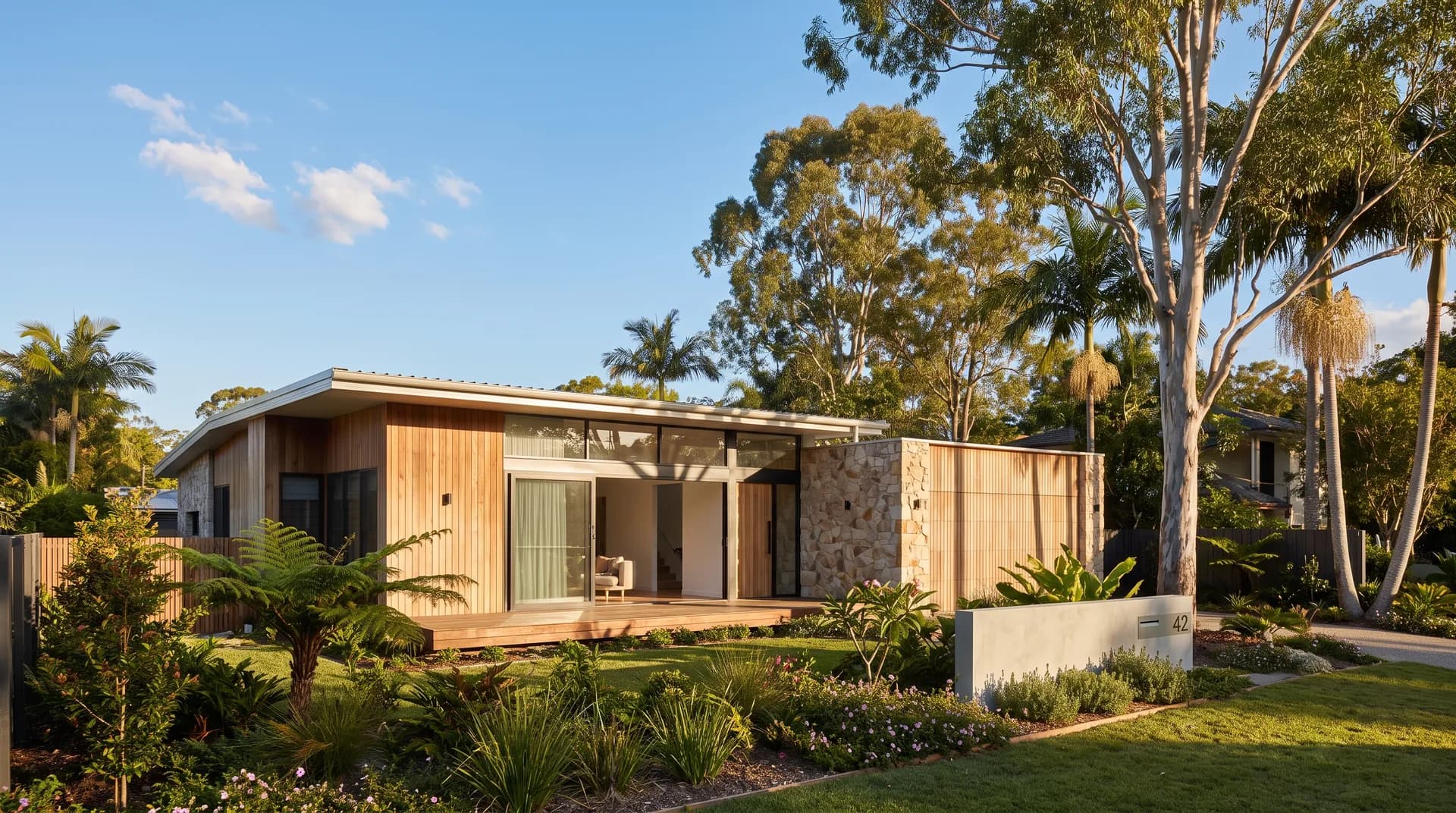 A contemporary single storey family home on a leafy North Brisbane street in warm afternoon light