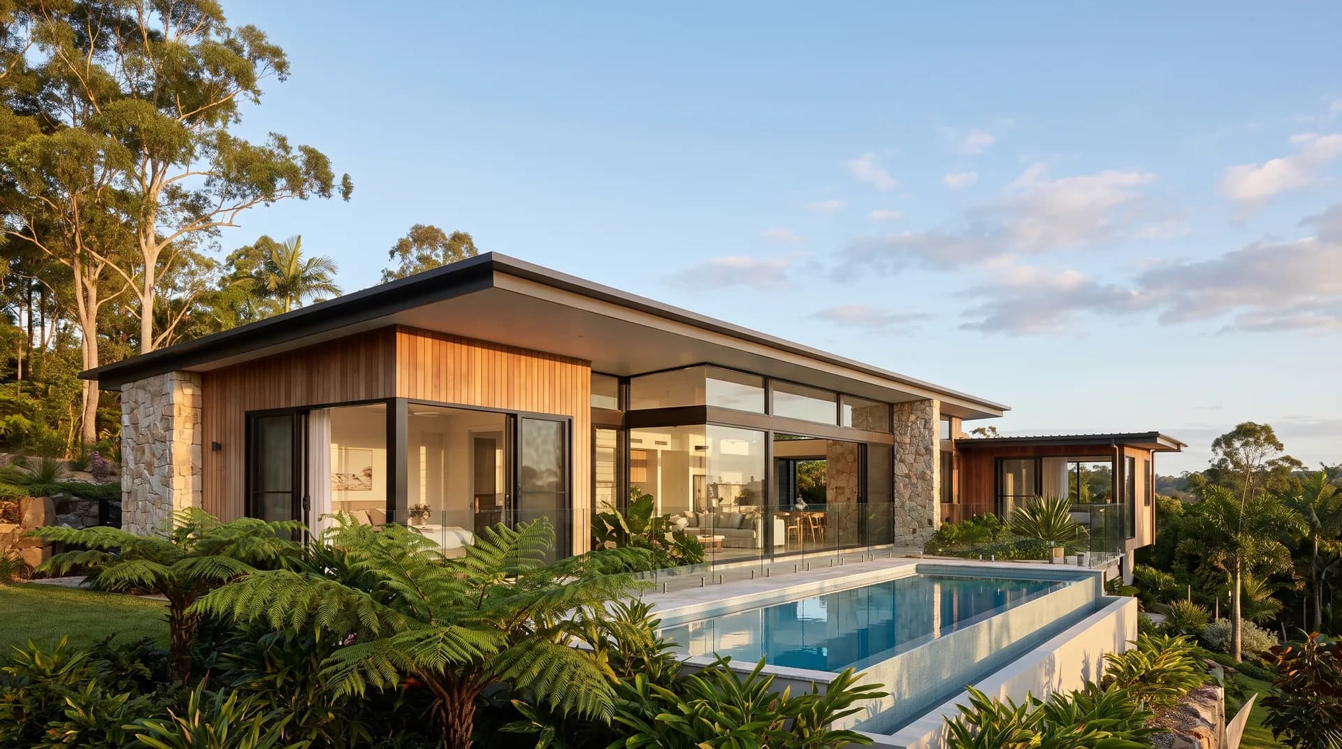 A contemporary new home in the Sunshine Coast hinterland in warm afternoon light