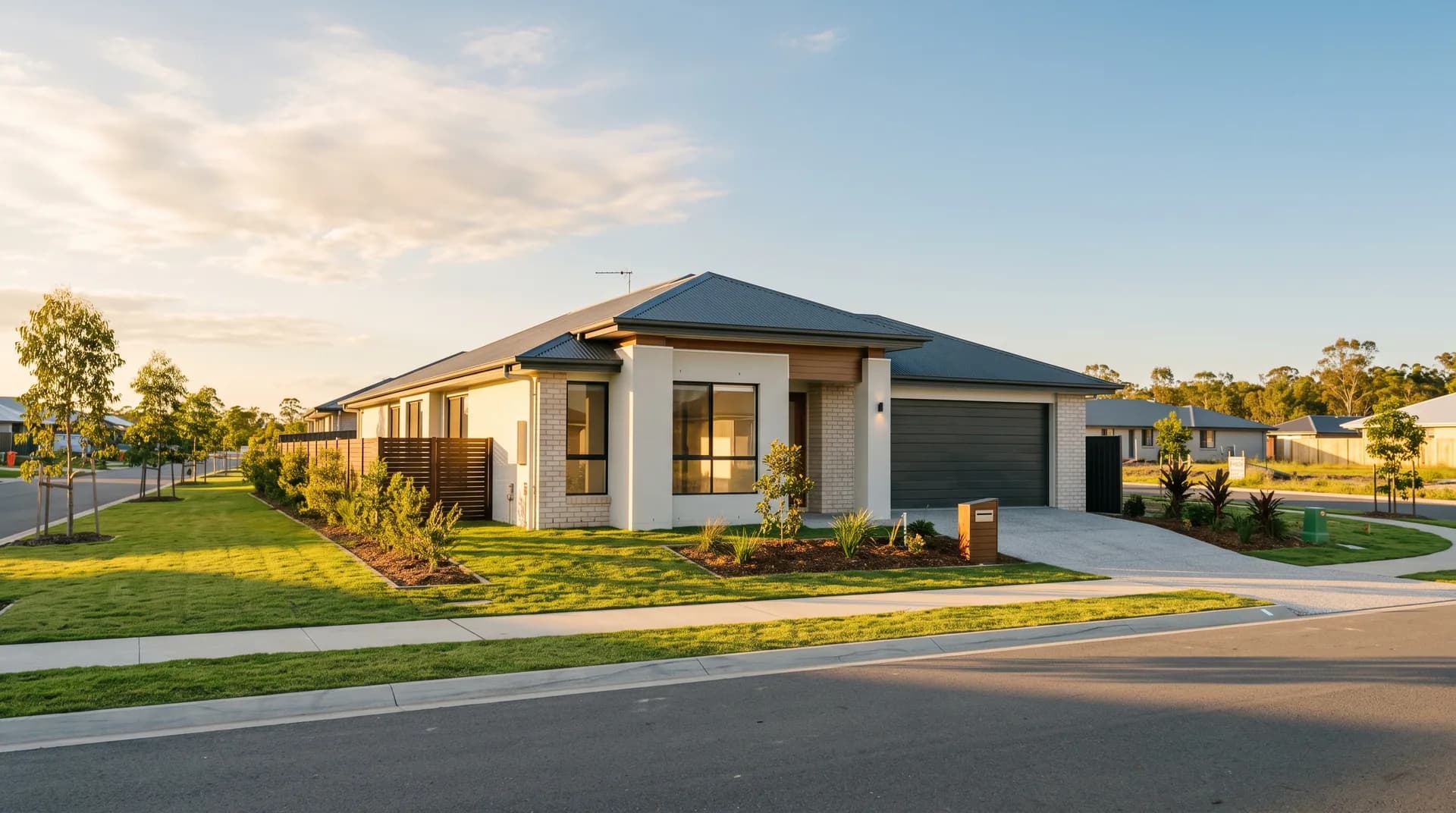A contemporary new family home on a North Brisbane estate street in warm afternoon sunlight