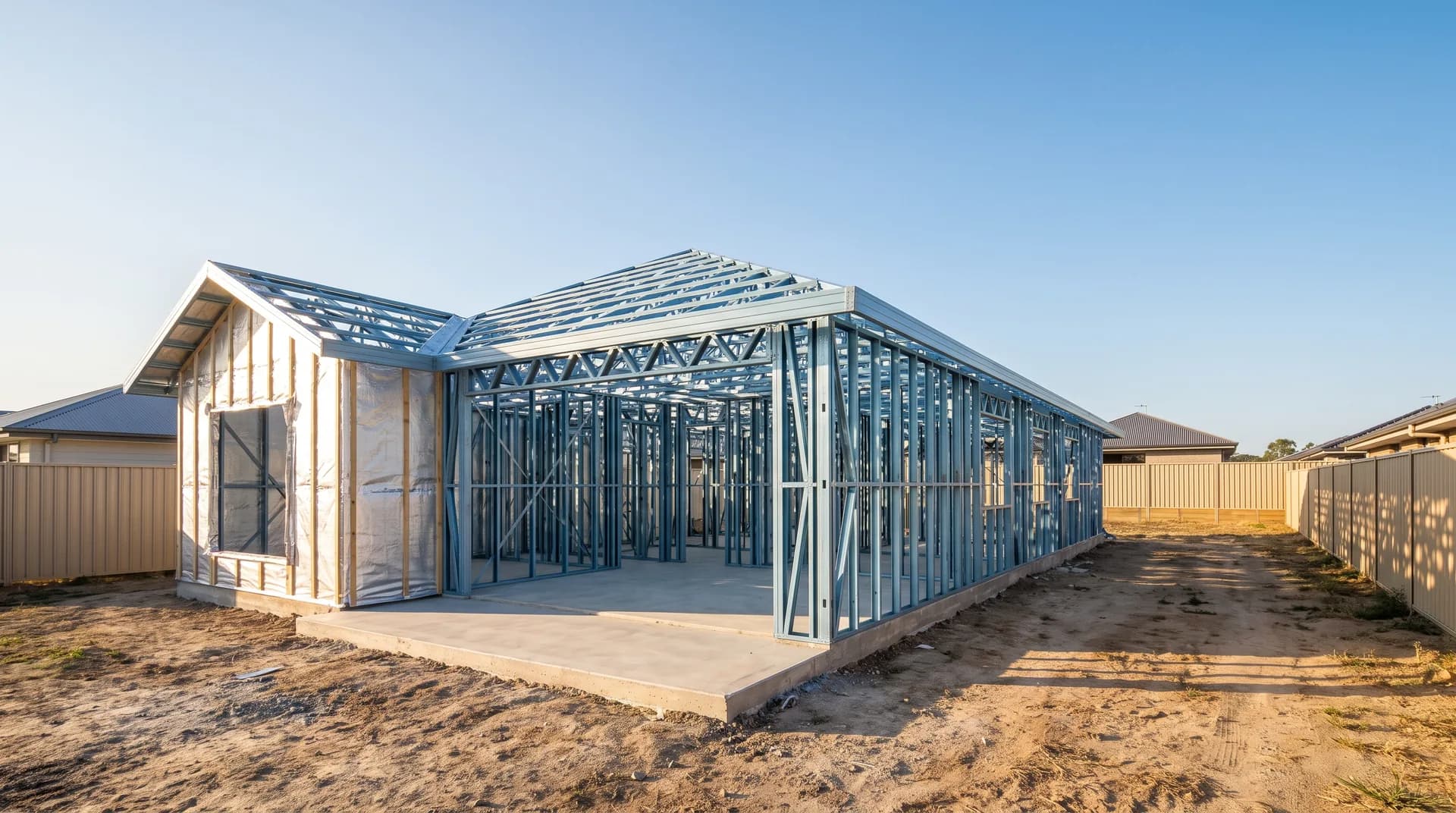 A new home under construction showing its blue steel Truecore frame and roof trusses on a North Brisbane block, in bright afternoon sunlight