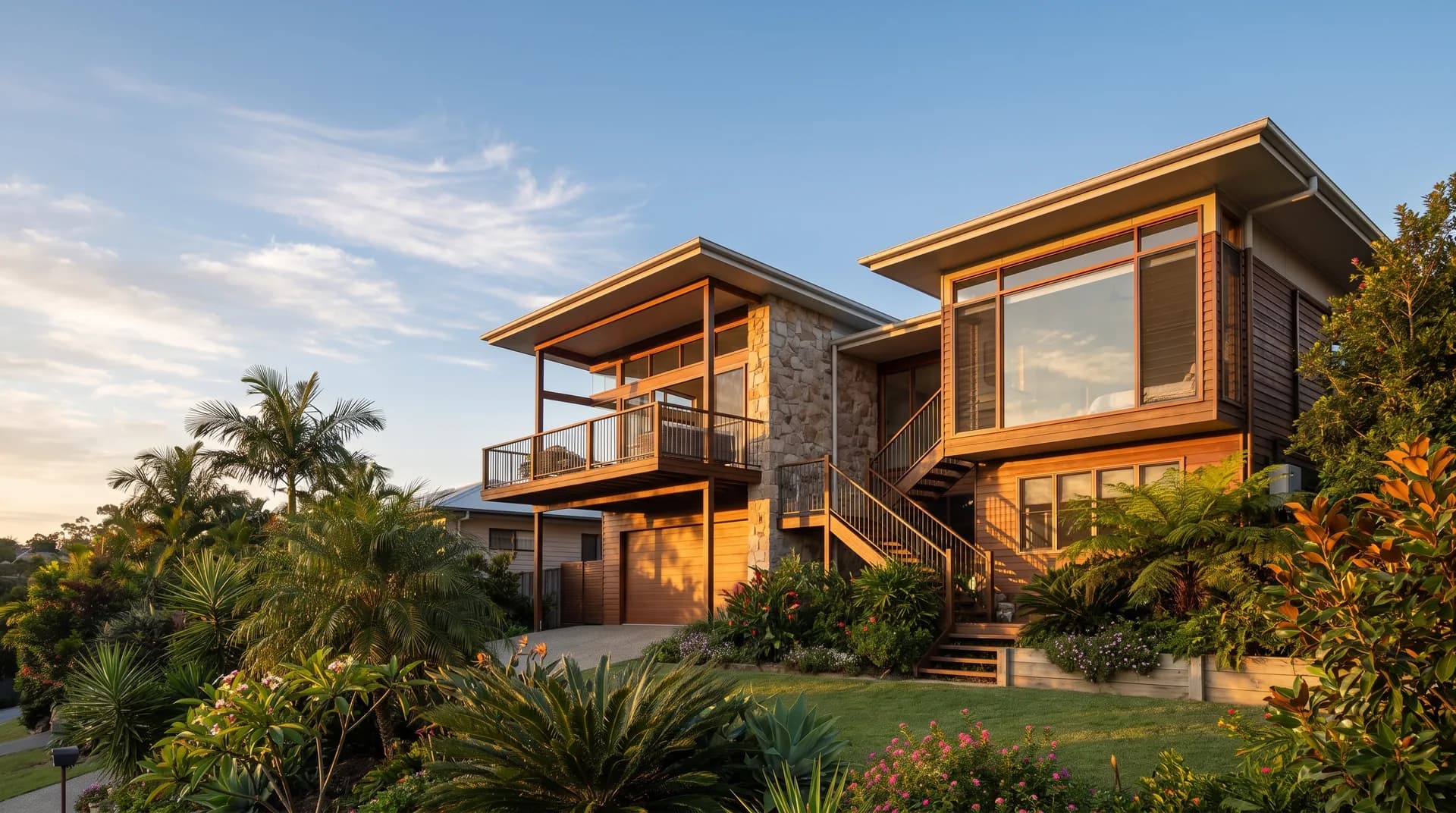 A split-level home stepping down a sloping block in warm afternoon light