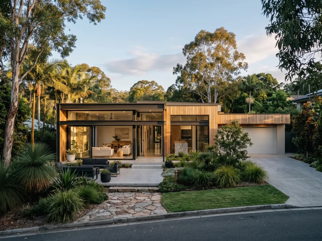 A builder's completed family home in North Brisbane in warm late-afternoon light