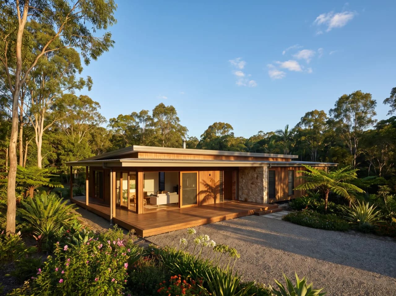 A low acreage home on a leafy North Brisbane block in warm afternoon light