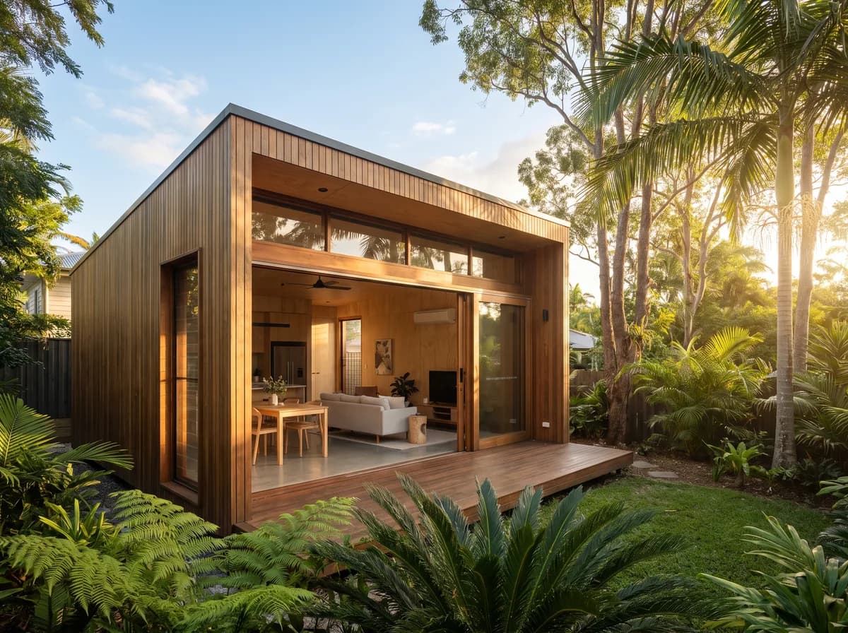 A modern self-contained granny flat in a Brisbane backyard in warm afternoon light