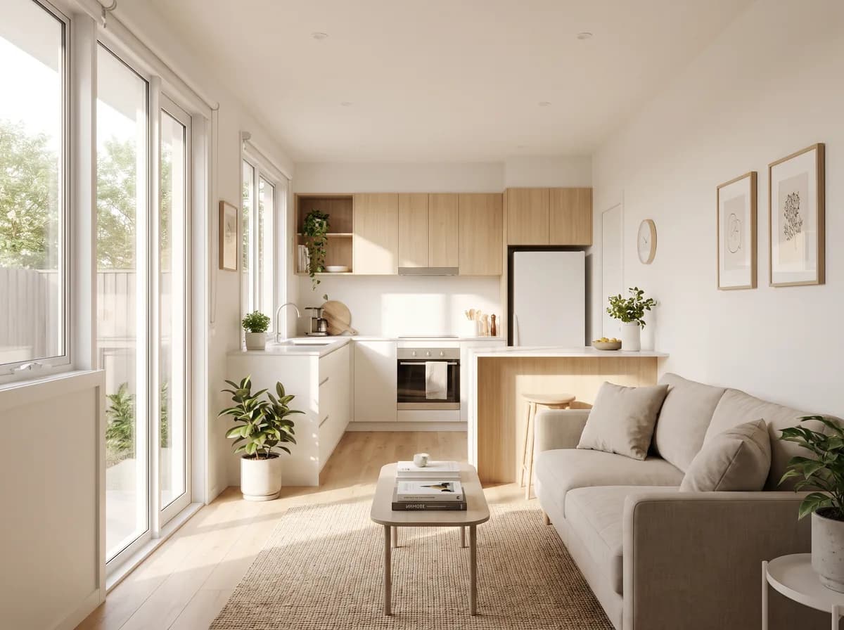 A warm open-plan interior of a compact self-contained granny flat in warm afternoon light