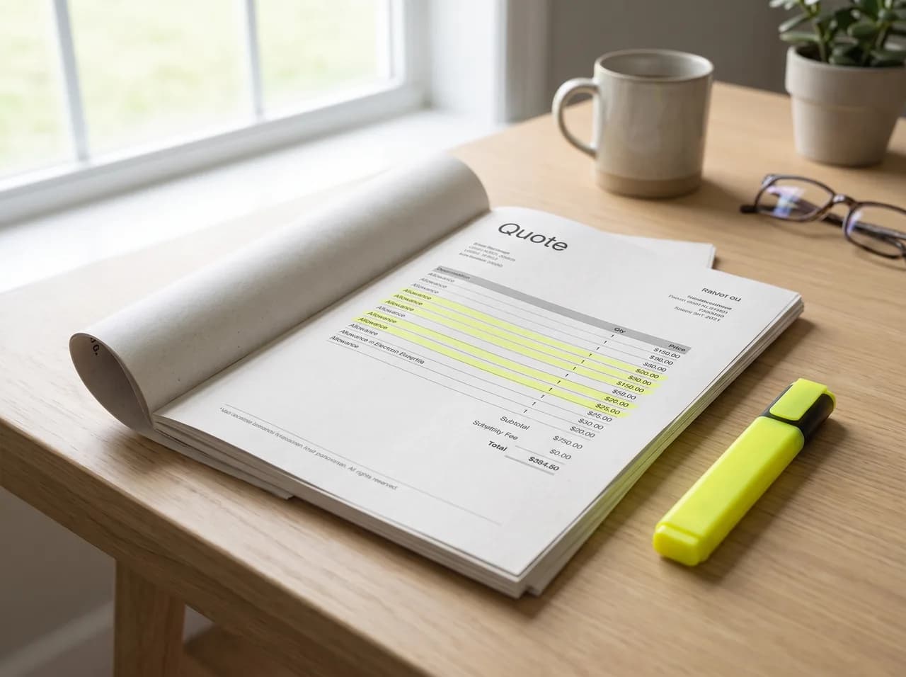 A multi-page quote document with a highlighter marking allowance line items on a desk in warm afternoon light