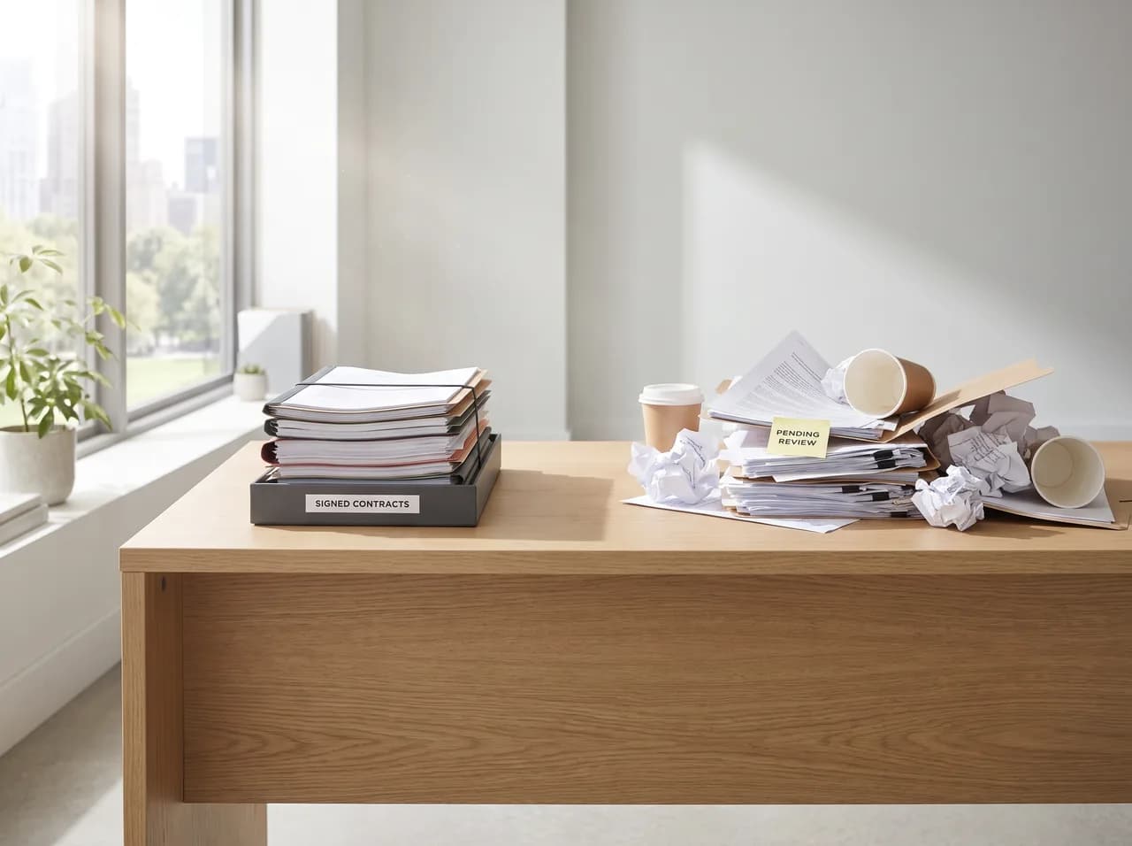 Two contrasting contract document piles on a balance-like arrangement on a timber desk in warm afternoon light