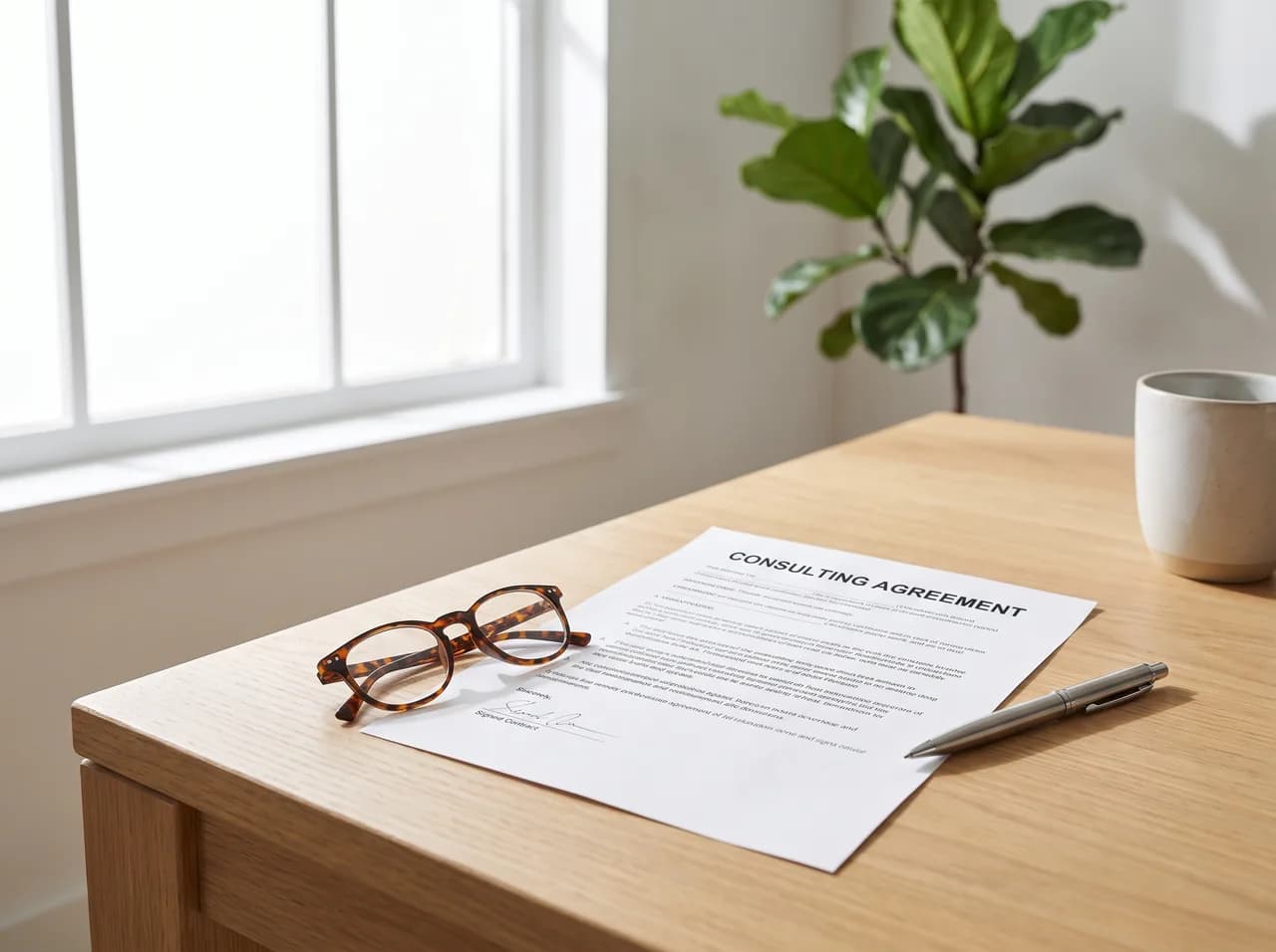 A contract document beside reading glasses and a pen on a desk in warm afternoon light