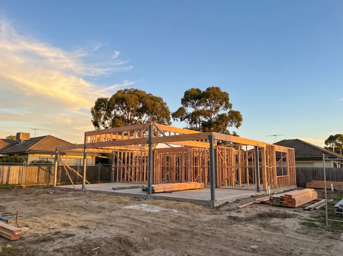 A new home rising on a cleared established block for a knockdown rebuild in warm afternoon light