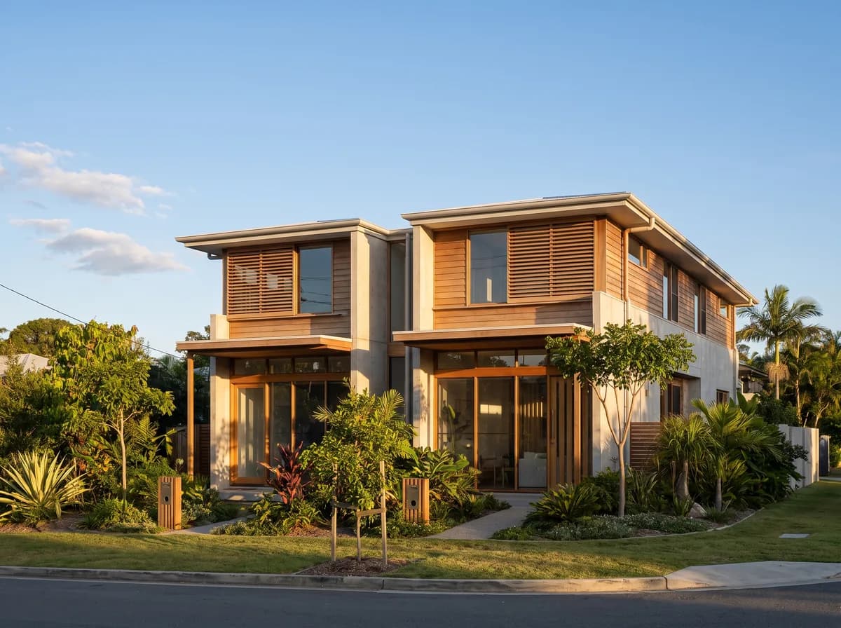A contemporary dual occupancy duplex on a North Brisbane corner block in warm afternoon light