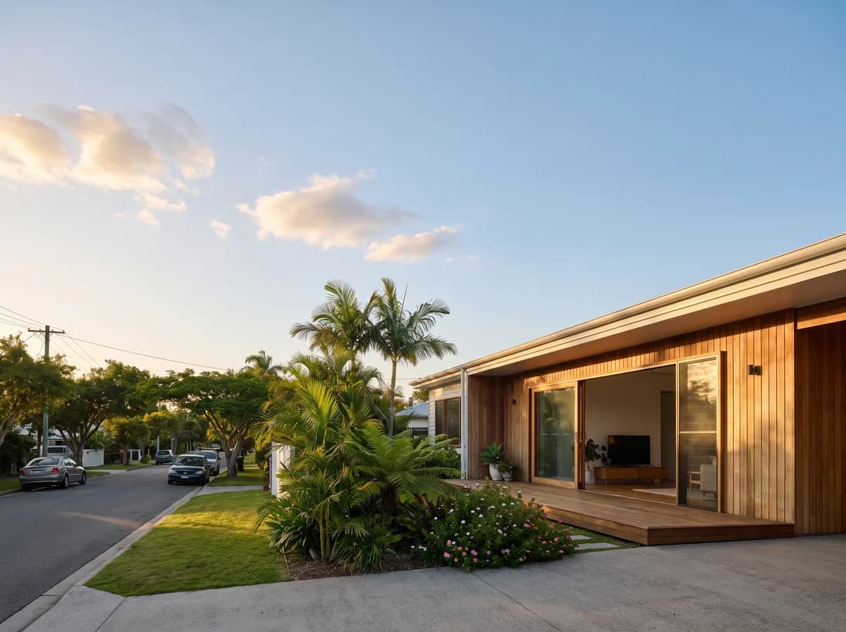 A contemporary single storey family home on a leafy North Brisbane street in warm afternoon light