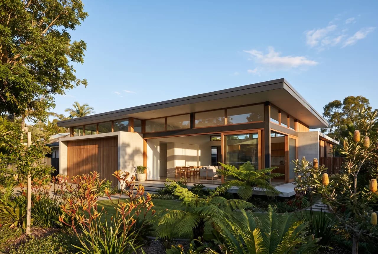 A new single-storey home on an established leafy North Brisbane street